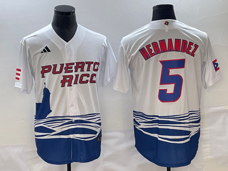 Men's Puerto Rico Baseball #5 Enrique Hernandez 2023 White World Baseball Classic Stitched Jersey